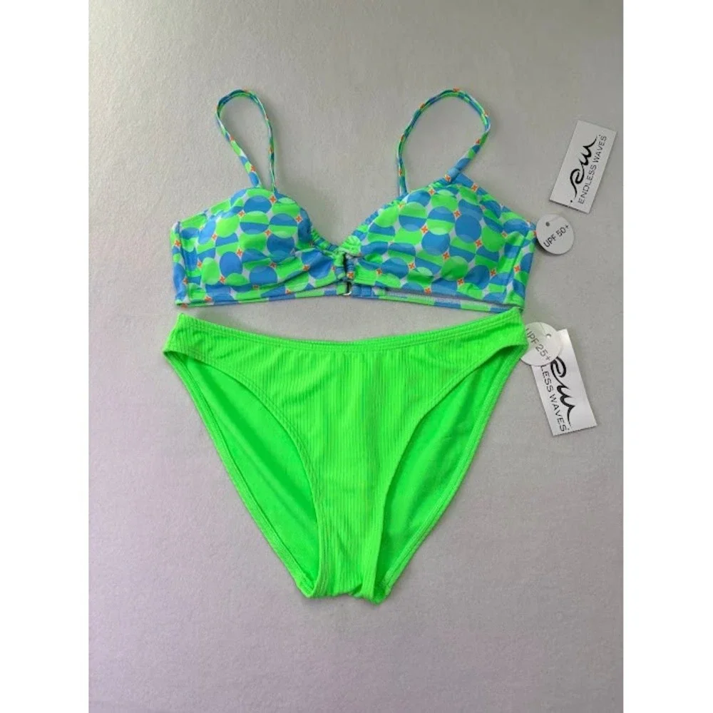 Endless Waves Bikini Set Womens M/L Neon Green Blue Geometric NWT UPF 50+ Ribbed